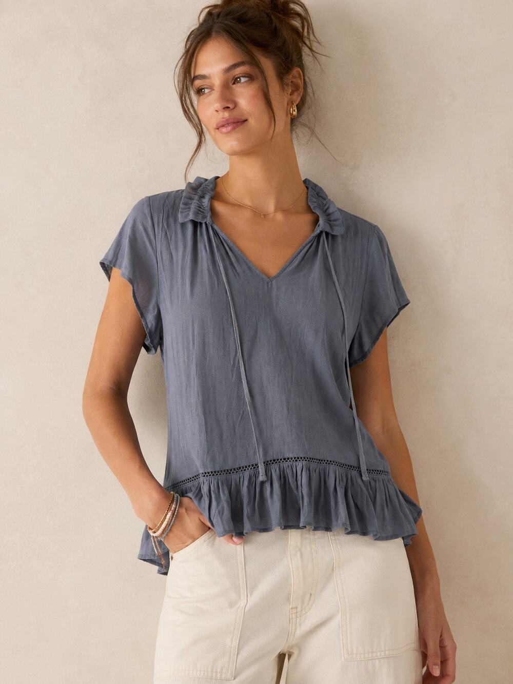 Ro&De Anthropologie | Gray V-Neck Tie Detail Eyelit Hem Ruffled Flowy Blouse